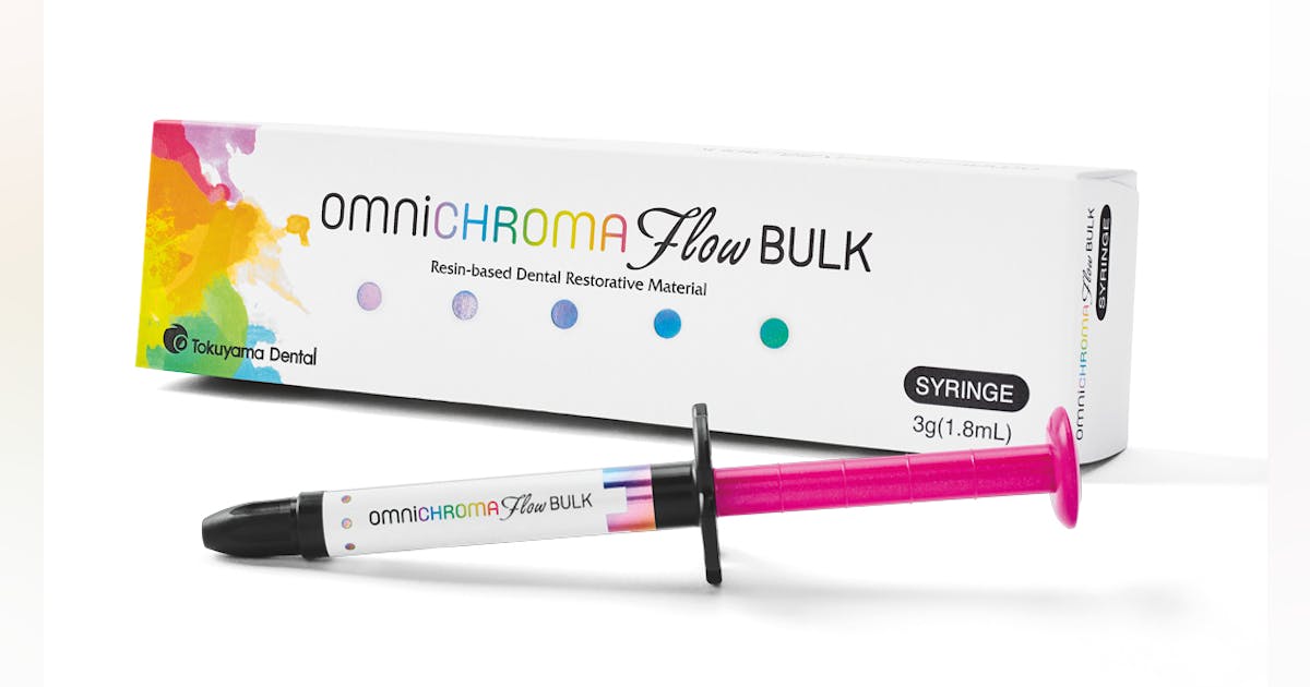Tokuyama Omnichroma Bulk Flow composite syringe with colorful packaging for dental restorations