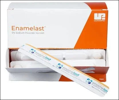 Ultradent Enamelast fluoride varnish with 5% sodium fluoride in a 50 pack box for dental use