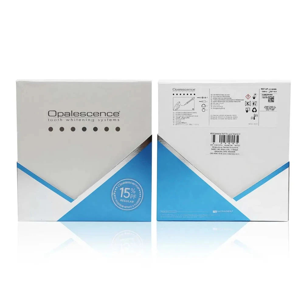 Ultradent Opalescence home teeth whitening kit packaging with clear instructions and 15% PF formula
