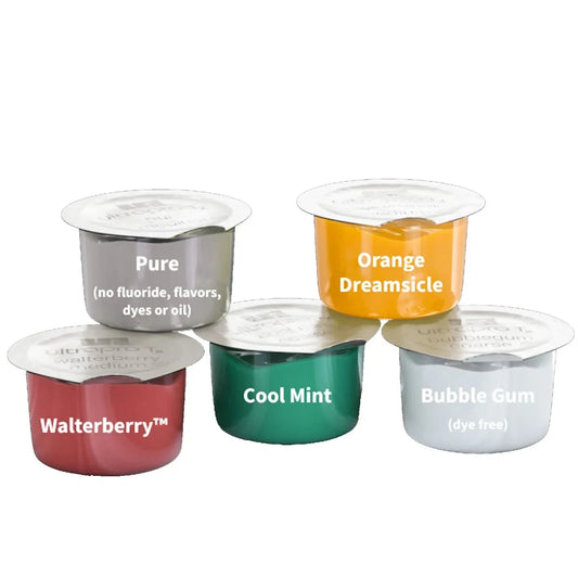 Variety of Ultradent Prophy Paste bulk flavors including Pure, Orange Dreamsicle, Cool Mint, Walterberry, and Bubble Gum