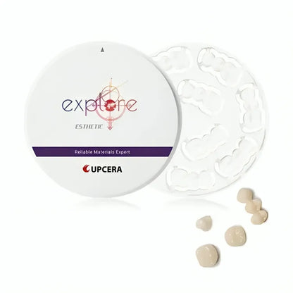 Upcera dental zirconia blanks in a package with custom dental shapes for esthetic applications