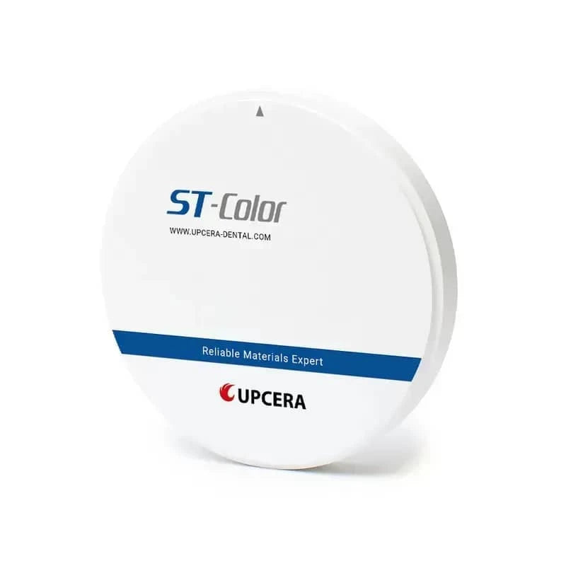 Upcera ST pre-shaded zirconia blanks in a round container for dental applications
