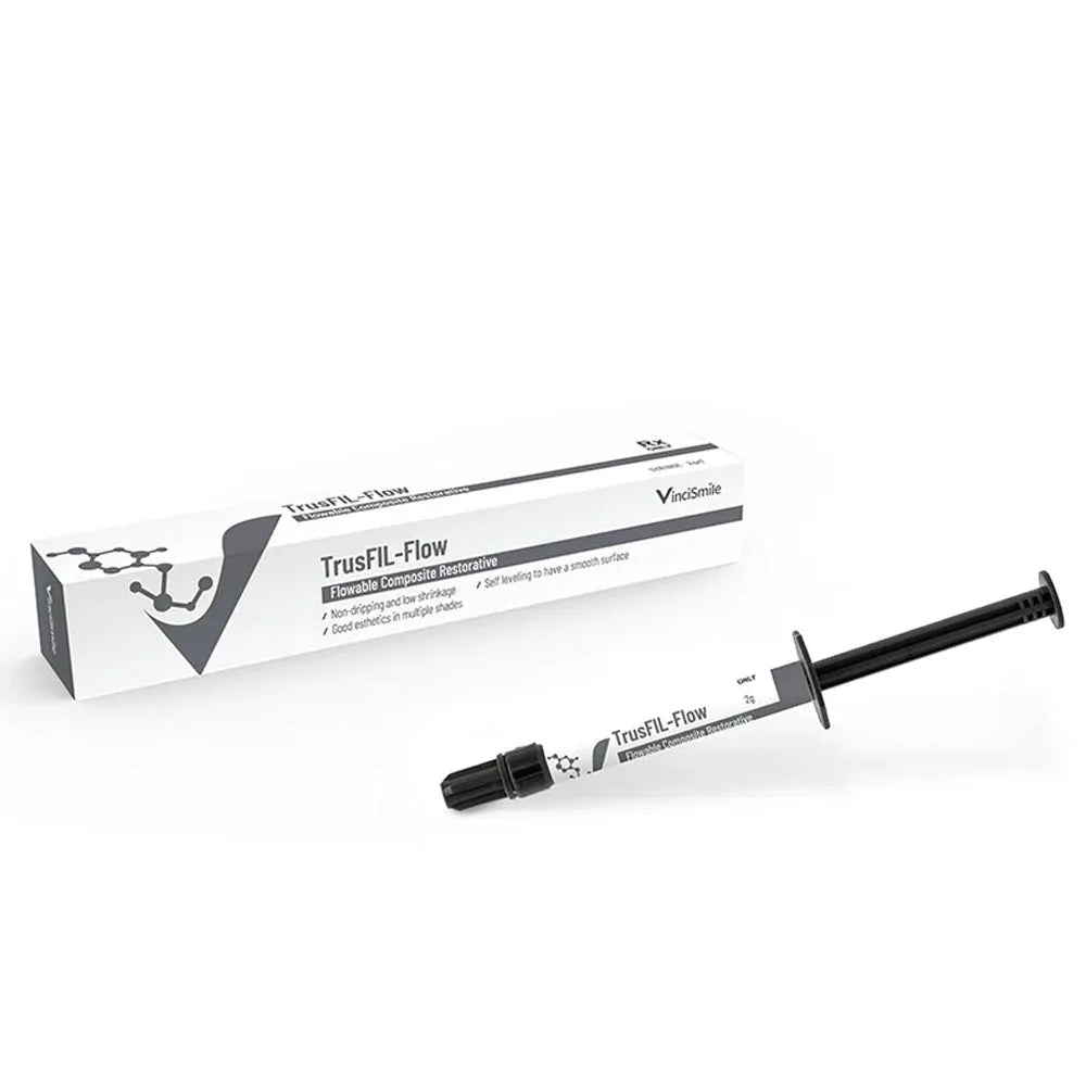 Vincismile Trusfil-flow flowable composite dental syringe with black plunger and white packaging by Beetle Dental