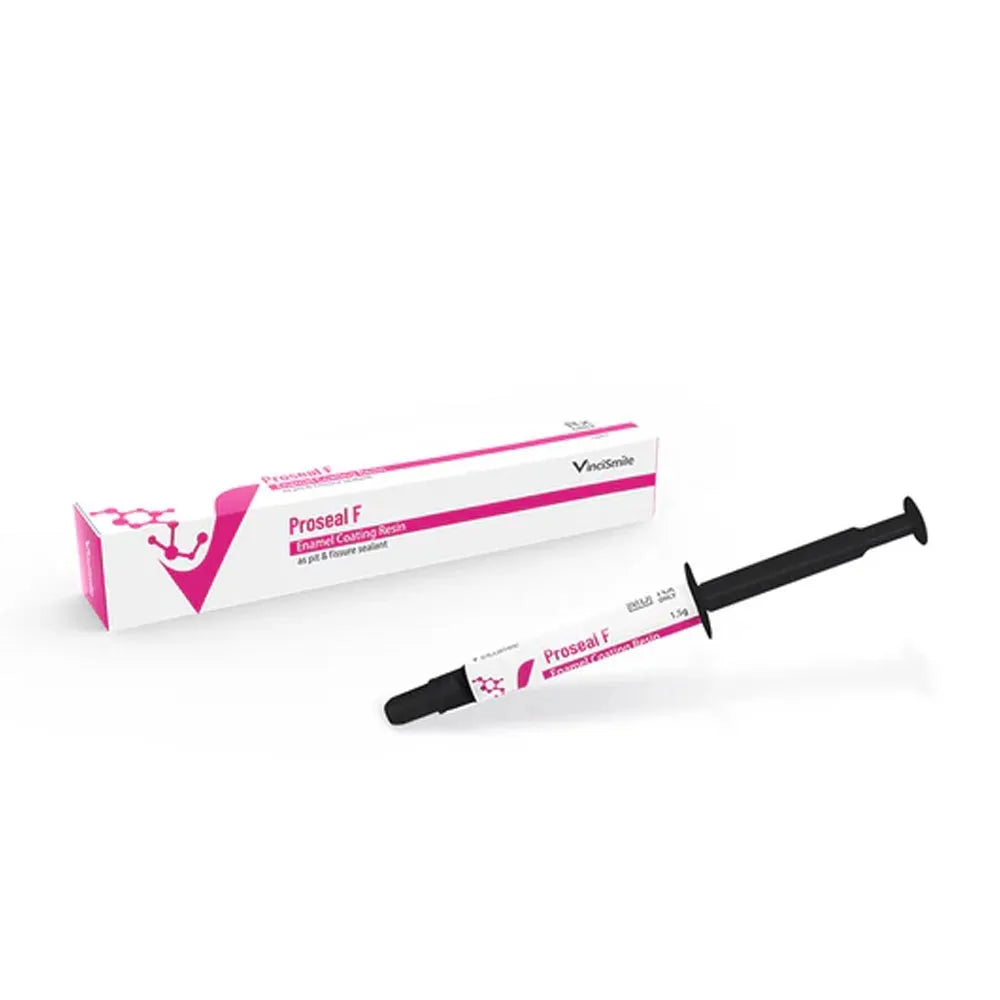 Beetle Dental Proseal F syringe and box pit and fissure sealant for dentists pictured in white and pink packaging