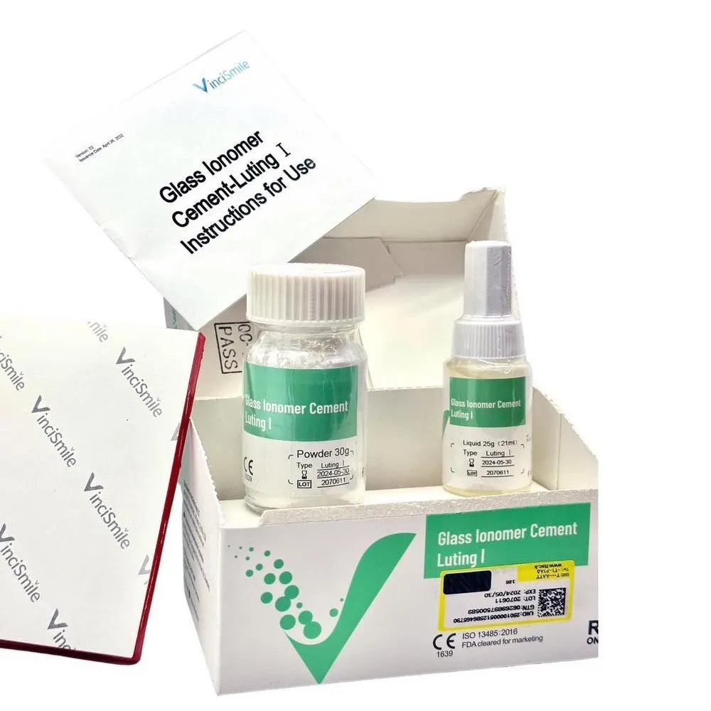 Vincismile glass ionomer luting cement kit with powder jar liquid bottle and instructions by Beetle Dental