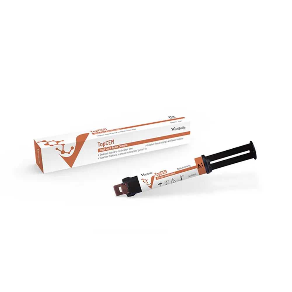 Vincismile TopCEM dual cure resin cement syringe cartridge and box by Beetle Dental for dental restorations