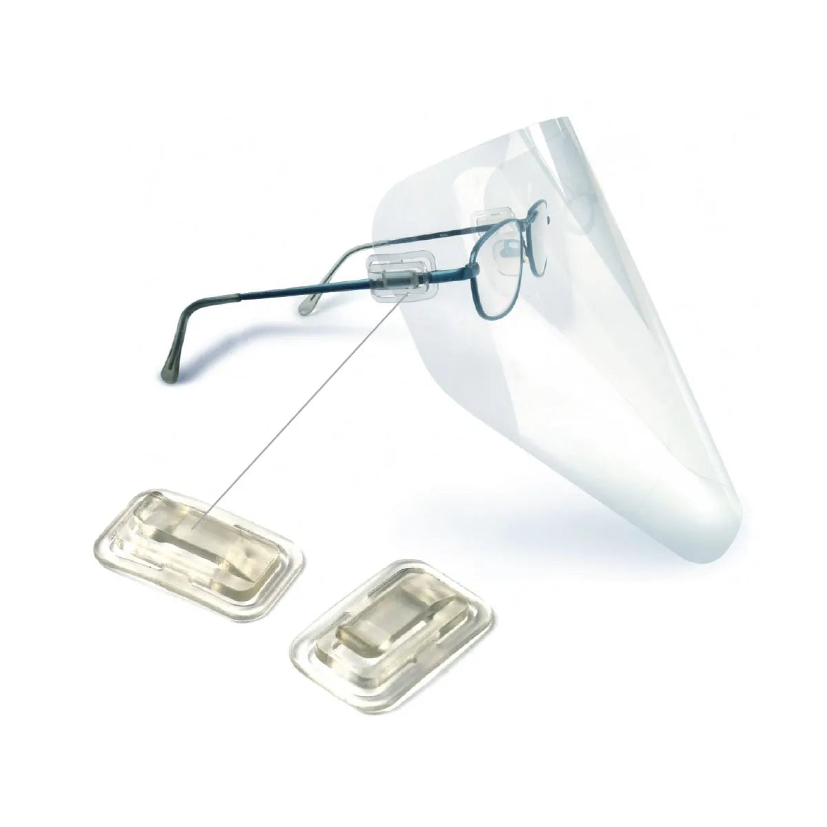 Beetle Dental Vista-Tec Clipon face shield attached to eyeglasses with two adhesive mounting pads shown