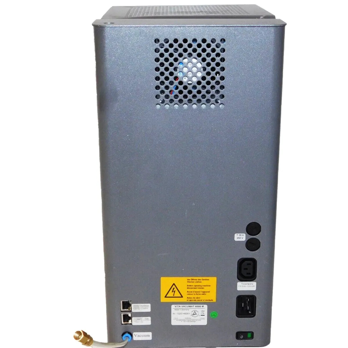 Back view of a gray Vita Vacumat 6000M ceramic furnace showing vent power ports vacuum hose and labels