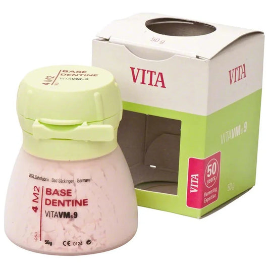 Vita VM9 zirconia ceramic powder in 50g container with pastel green lid for dental applications