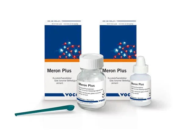 Voco Meron Plus dental cement kit with glass ionomer components and mixing tool