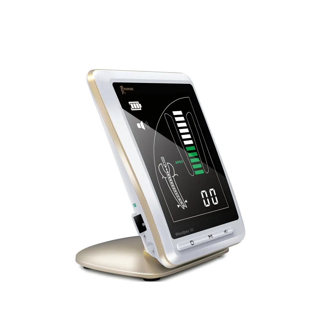 Woodpecker Apex Locator Woodpex III dental apex locator on gold white stand with digital display and root canal indicators