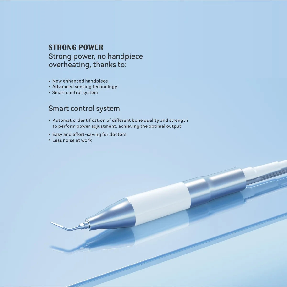 Closeup of dental handpiece and tip on blue background for Woodpecker Surgic Smart piezosurgery unit showing ergonomic design