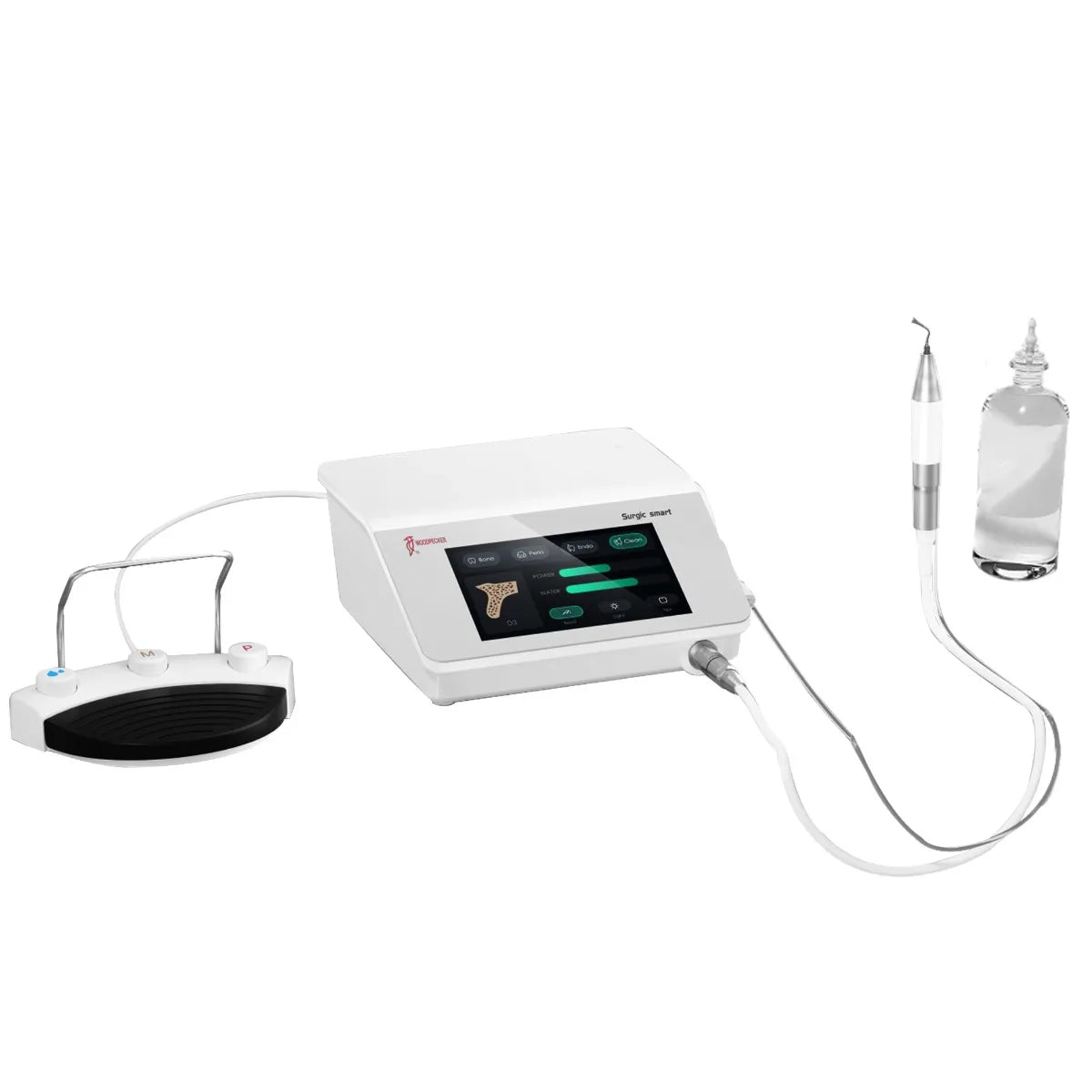 Woodpecker Surgic Smart piezosurgery unit with touchscreen control handpiece foot pedal and irrigation bottle