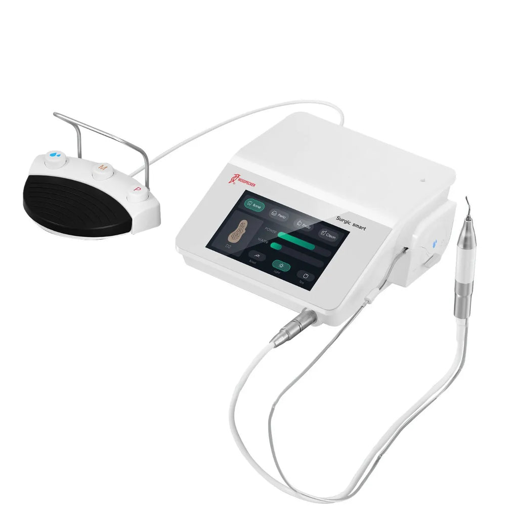 Woodpecker Surgic Smart piezosurgery unit by Beetle Dental white touchscreen surgical piezo device with handpiece and foot control