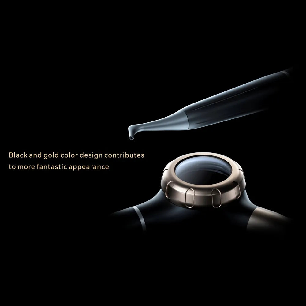 Woodpecker Air Polisher AP-H black and gold dental air polisher handpiece closeup showing ergonomic nozzle and decorative ring