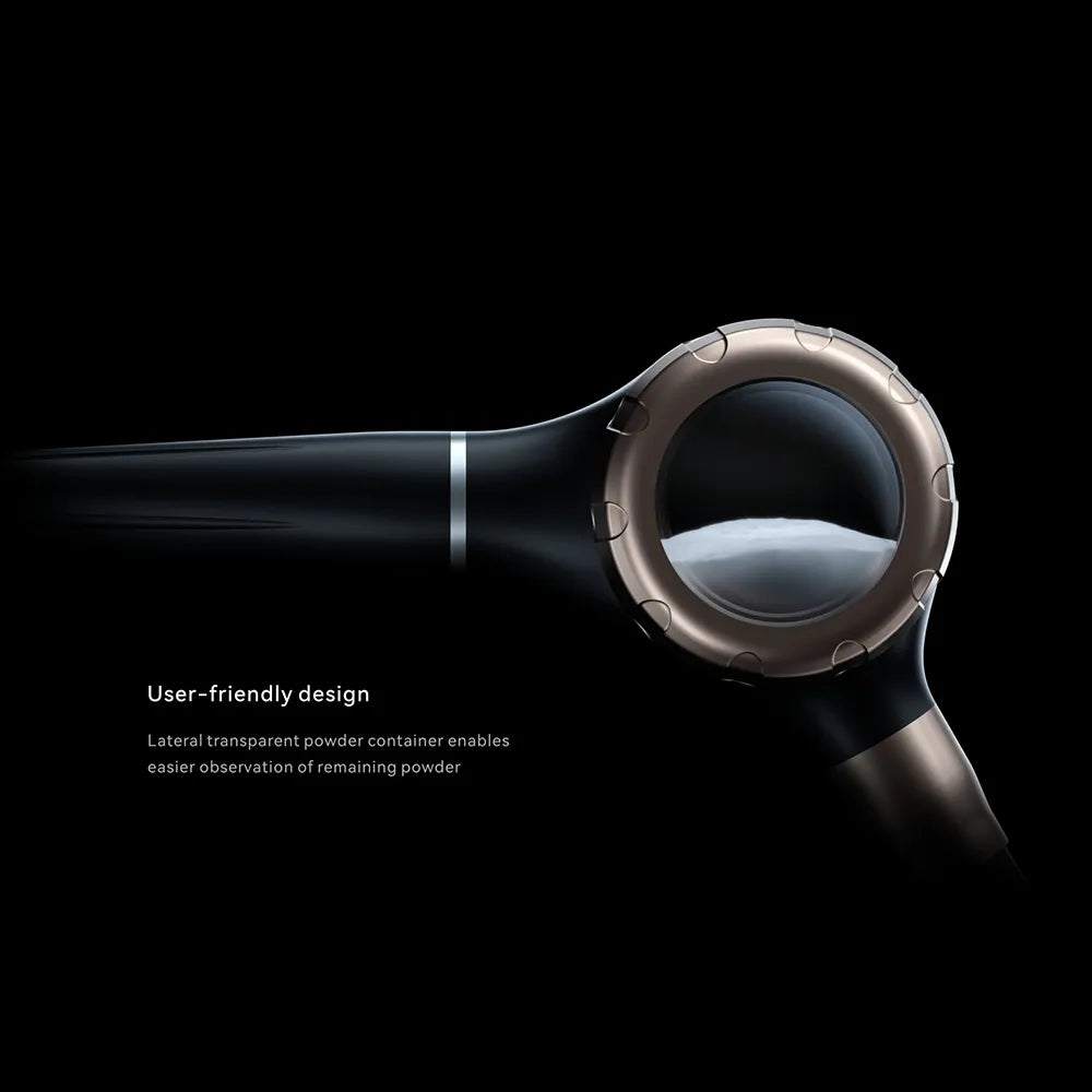 Woodpecker Air Polisher AP-H handpiece close up showing lateral transparent powder container and user friendly design