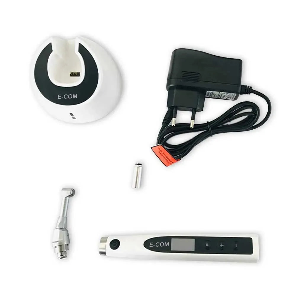 Beetle Dental Woodpecker E-com cordless endomotor kit with white handpiece display docking charger adapter and contra angle