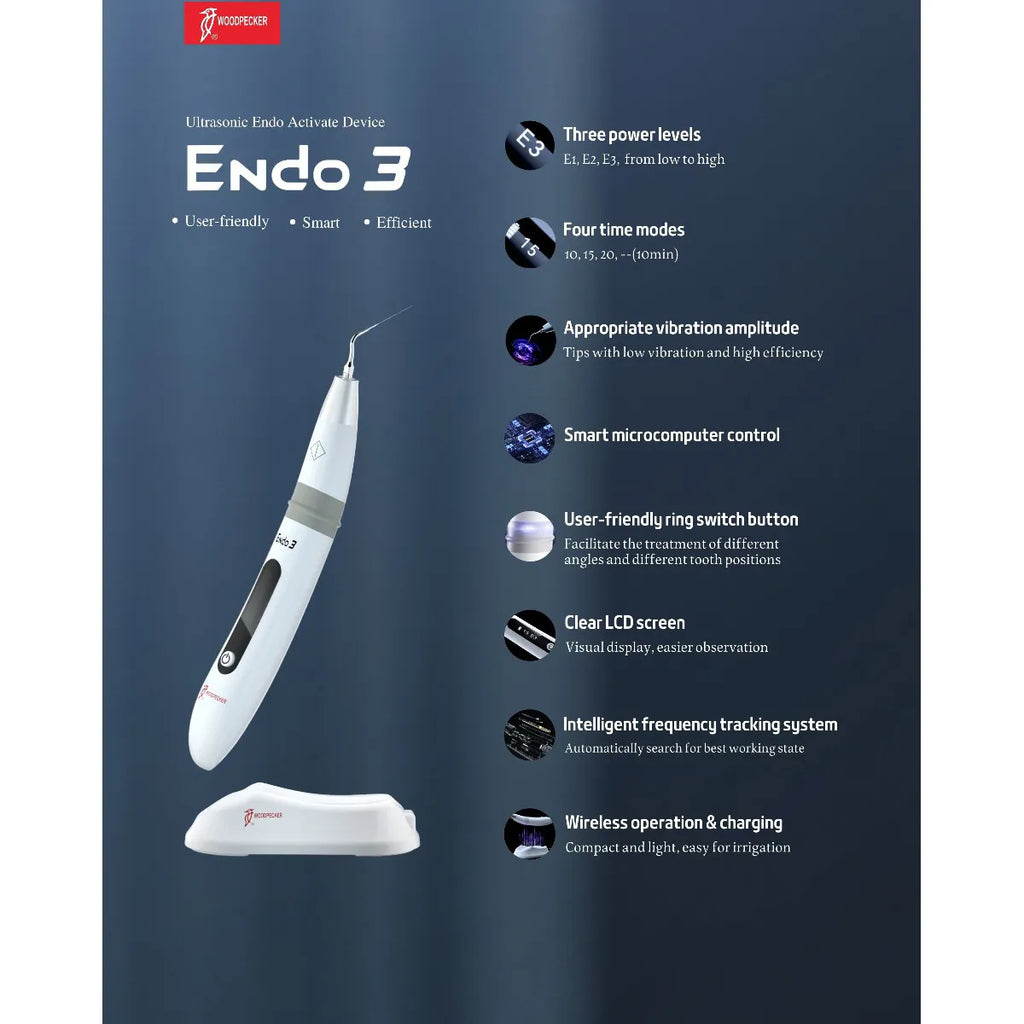 Woodpecker Endo 3 ultrasonic endo activator handheld device with charging base and feature list