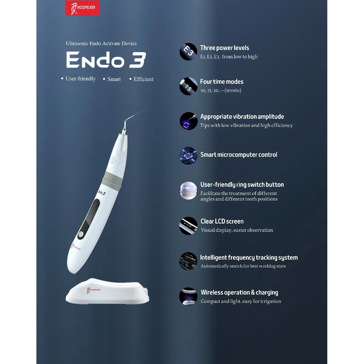 Woodpecker Endo 3 ultrasonic endo activator handheld device with charging base and feature list