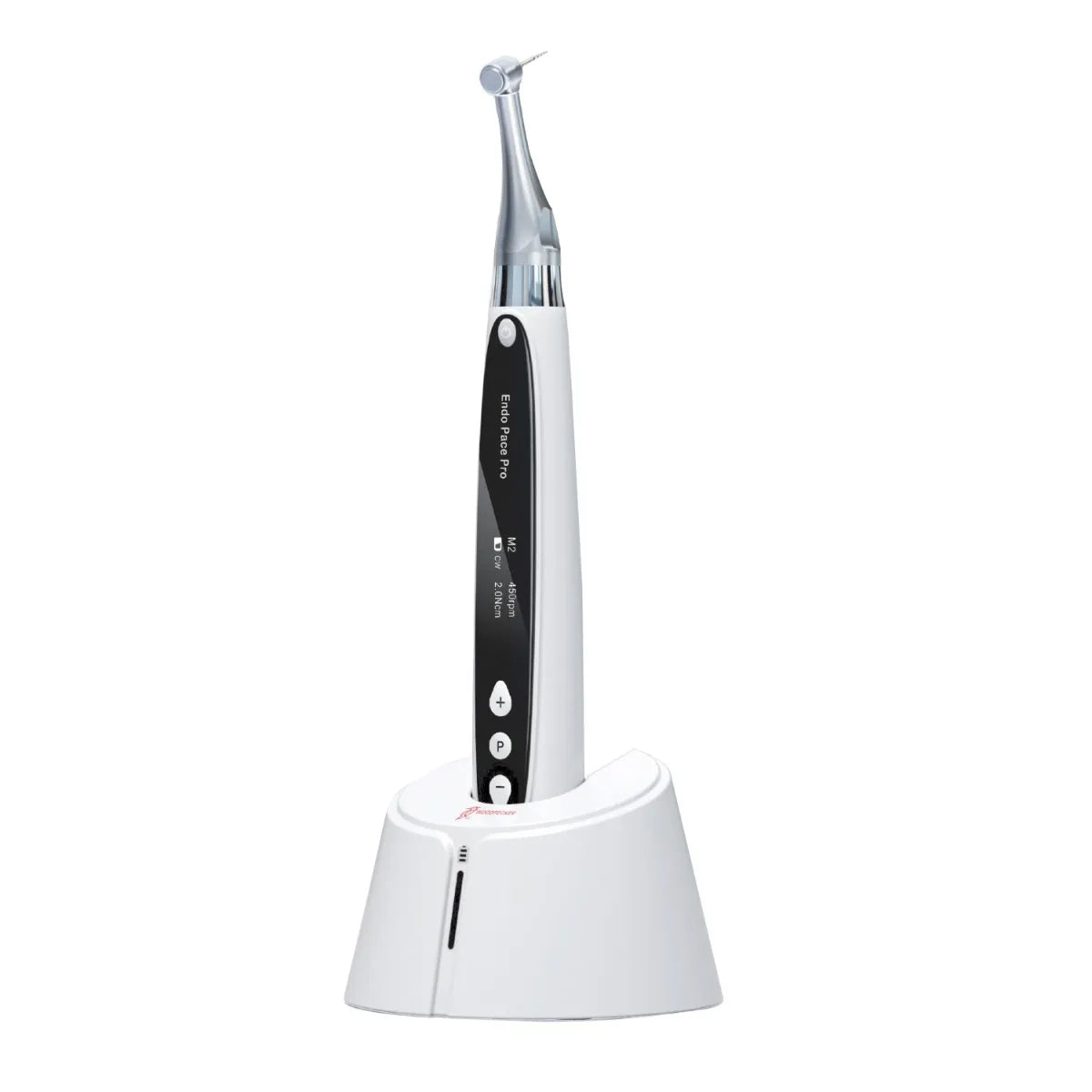 Woodpecker Endopace Pro Endomotor cordless endodontic motor in white charging base with angled contra angle head
