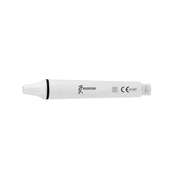 White Woodpecker HW-3H scaler handpiece showing Woodpecker logo CE mark minimalist dental handpiece by Beetle Dental