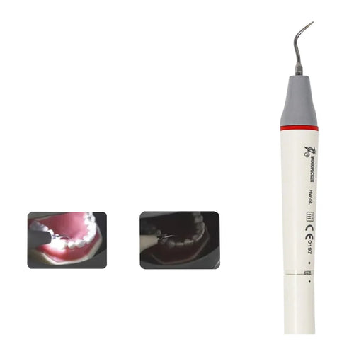 Woodpecker HW-5L optic scaler handpiece with curved ultrasonic tip white and gray body LED illumination and inset use in mouth