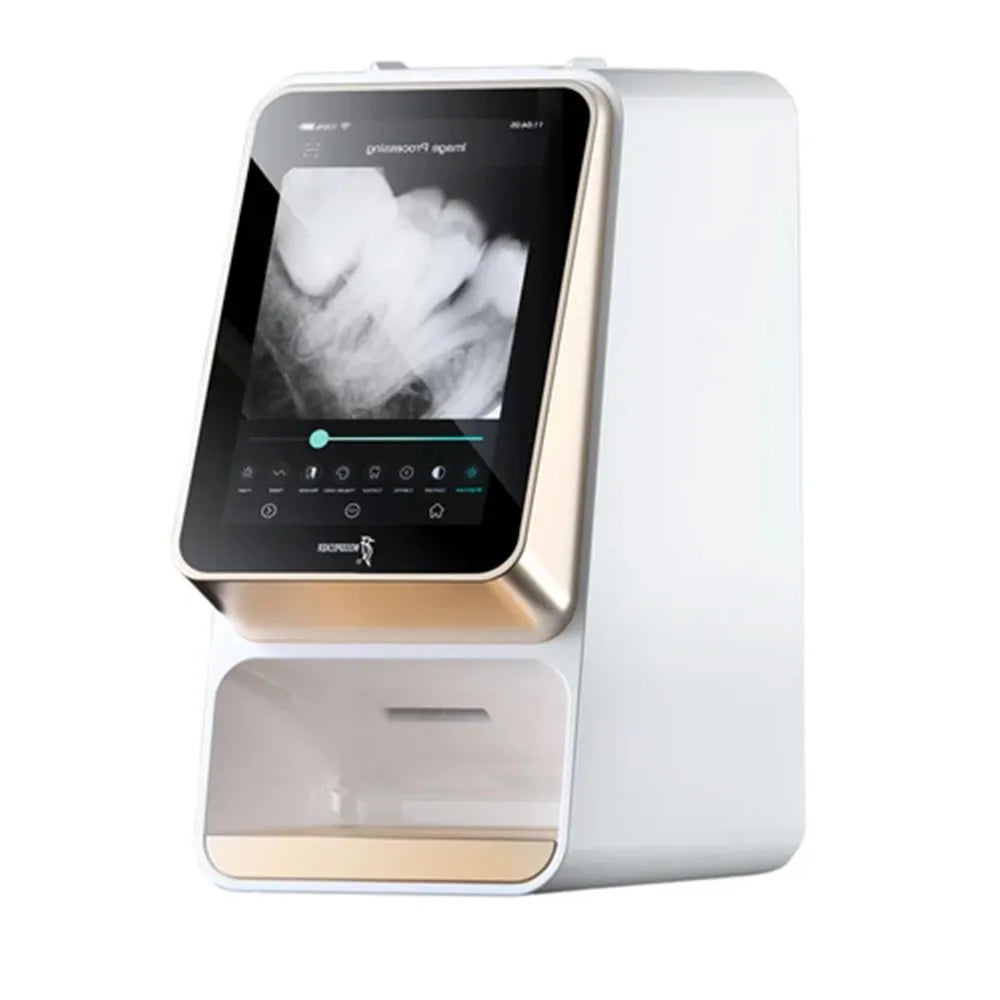 Beetle Dental Woodpecker i-Scan dental scanner countertop unit with touch screen showing dental xray image