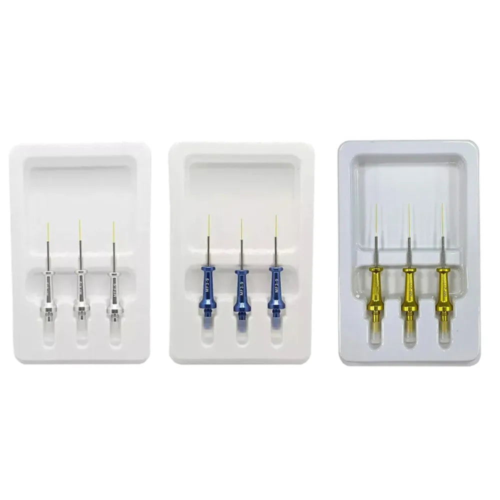 Beetle Dental Woodpecker LX16 diode laser tips set showing three trays with silver blue and gold handles three tips each