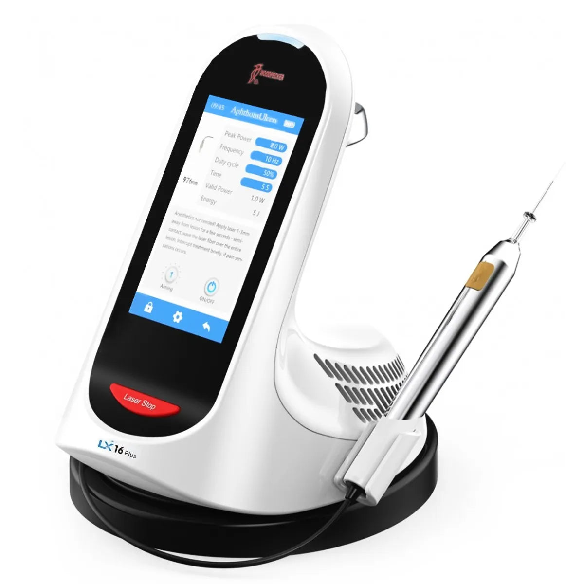 Woodpecker LX16 Plus dental diode laser on white compact stand with touchscreen display and ergonomic metallic handpiece