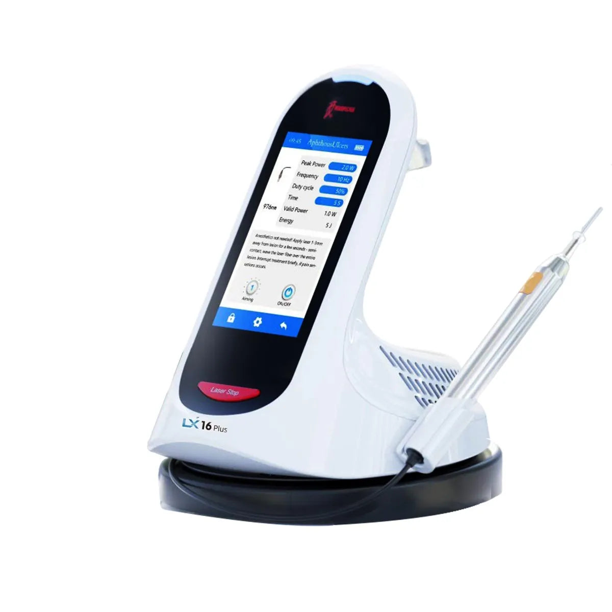 Woodpecker LX16 Plus dental diode laser touchscreen unit with handpiece on charging base for soft tissue procedures