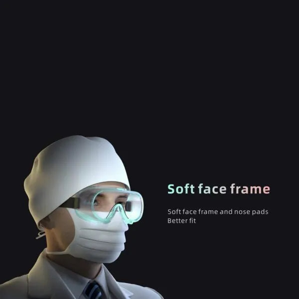 Woodpecker MG-1 dental goggles worn by dental professional with surgical cap and mask soft face frame