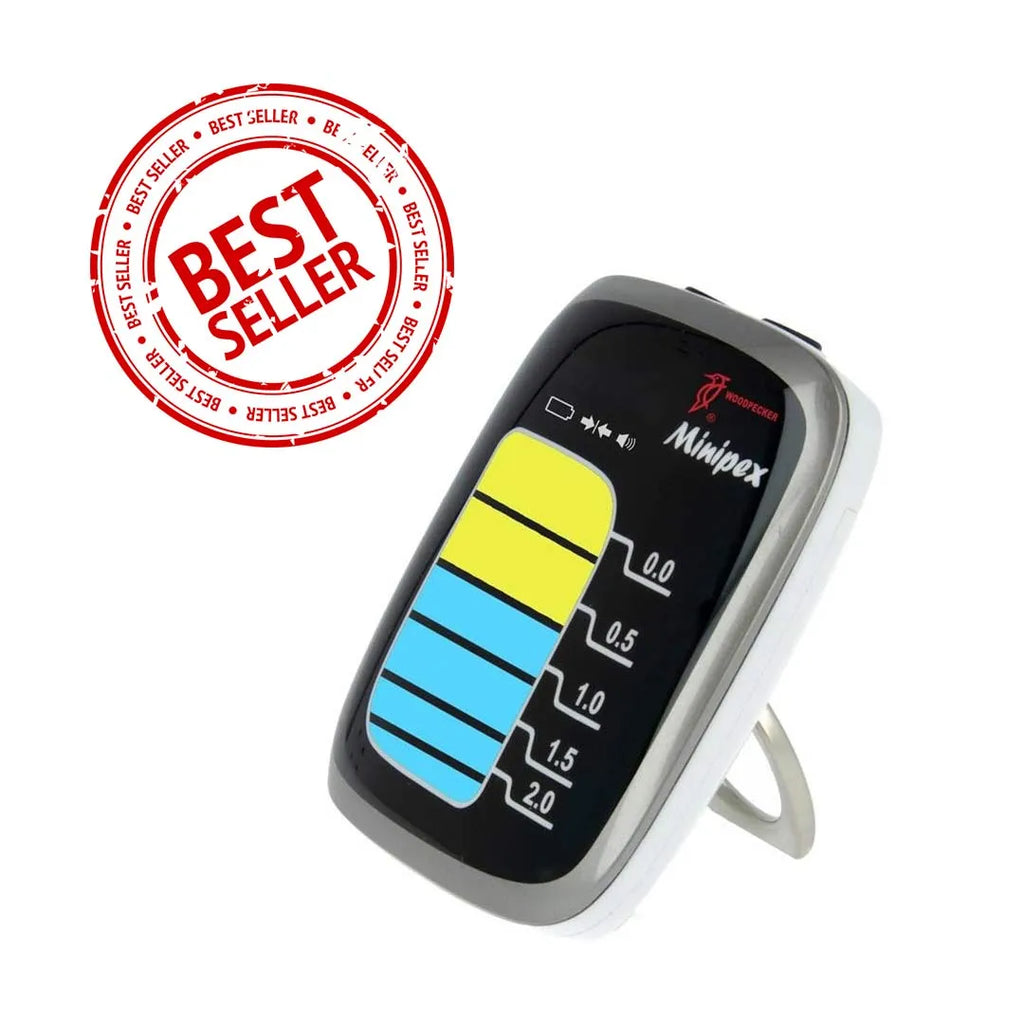 Woodpecker Minipex Apex locator on white background with colored LED bar display and best seller badge