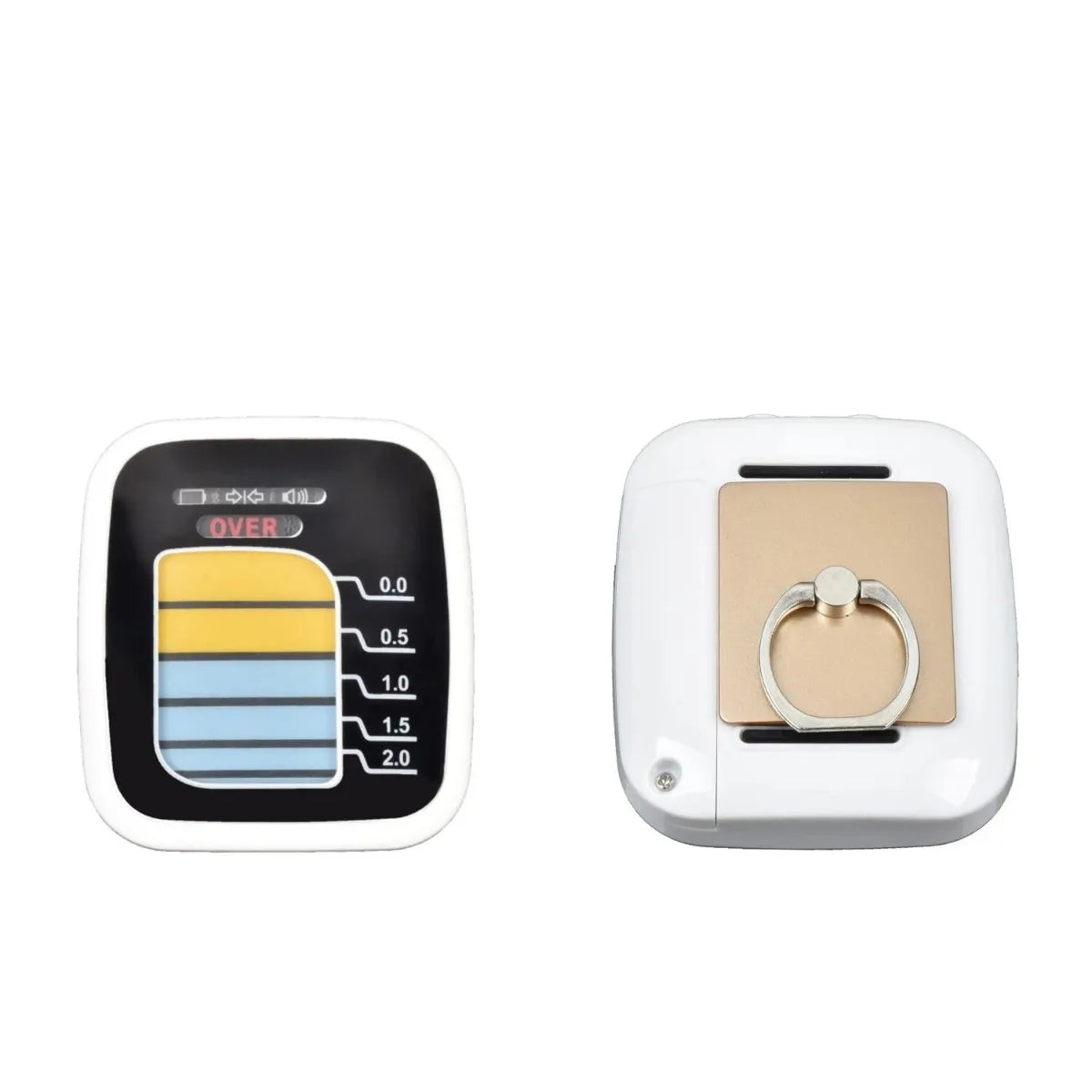 Woodpecker Minipex Apex locator front display with colored measurement bars and back view with gold ring holder