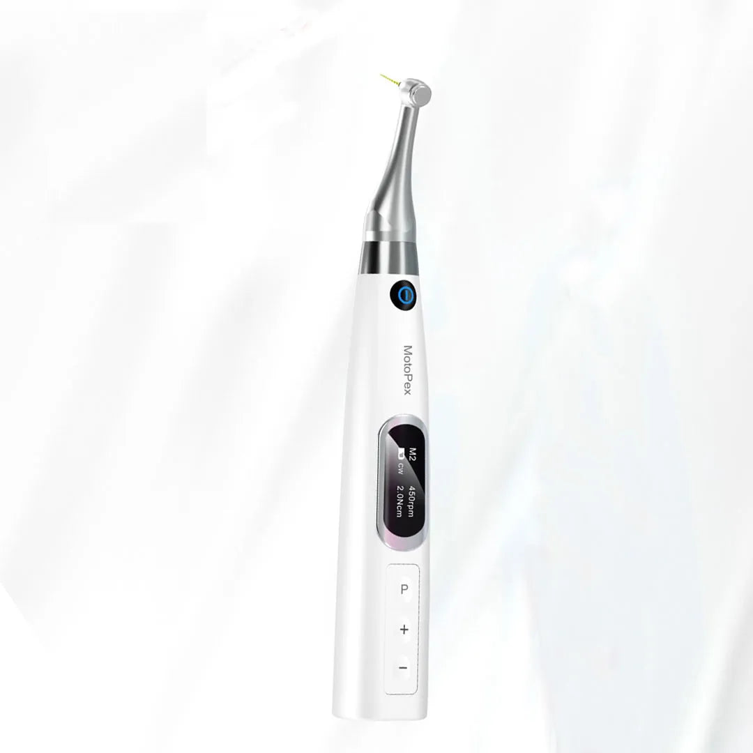 Woodpecker Motopex endomotor for dentists. White cordless endodontic handpiece with display and contra angle