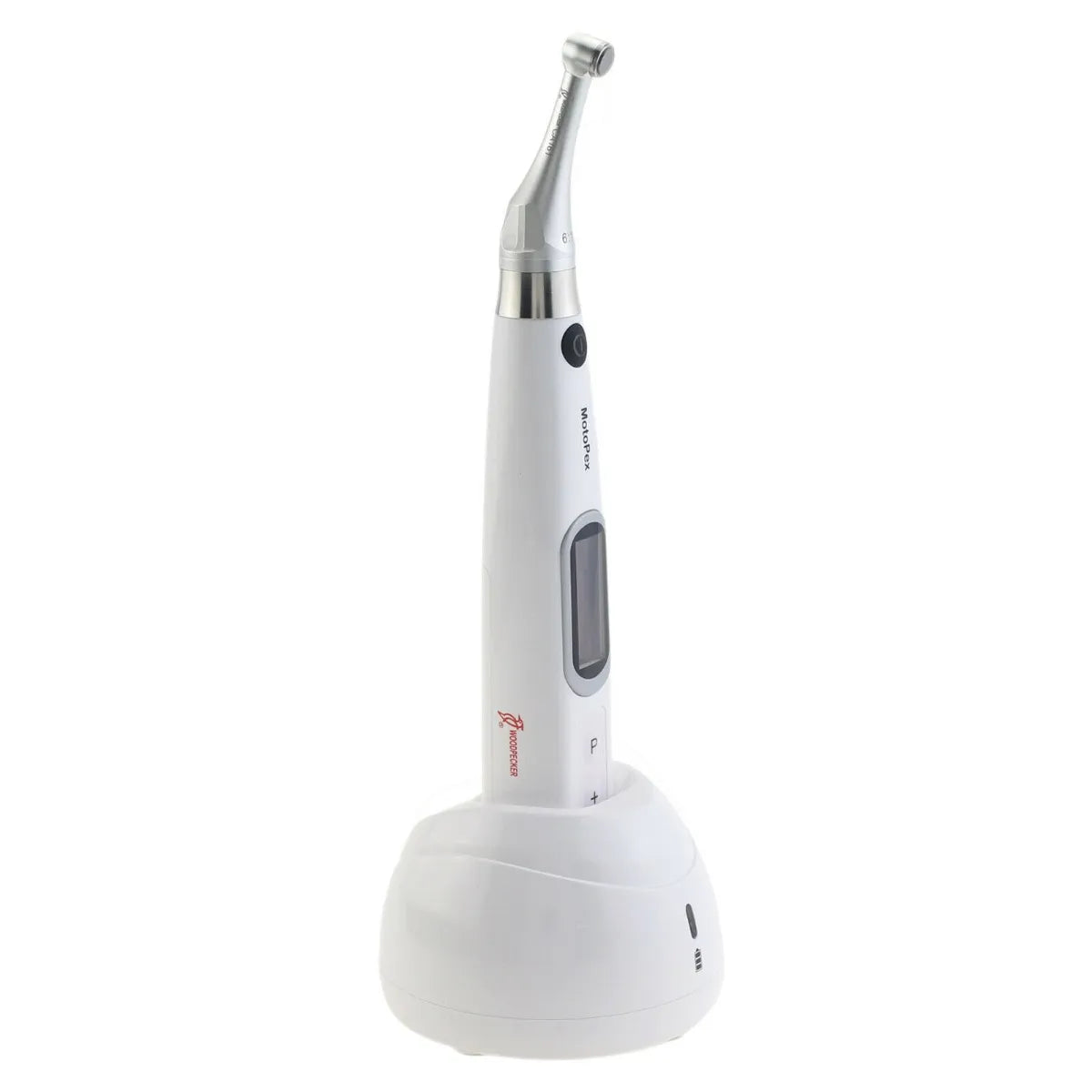 Woodpecker Motopex endomotor for dentists. White cordless endomotor handpiece with contra angle head on charging base