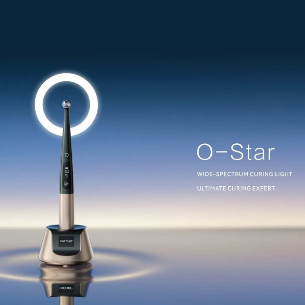 Woodpecker O-Star curing light on charging base with illuminated halo ring wide spectrum dental curing device