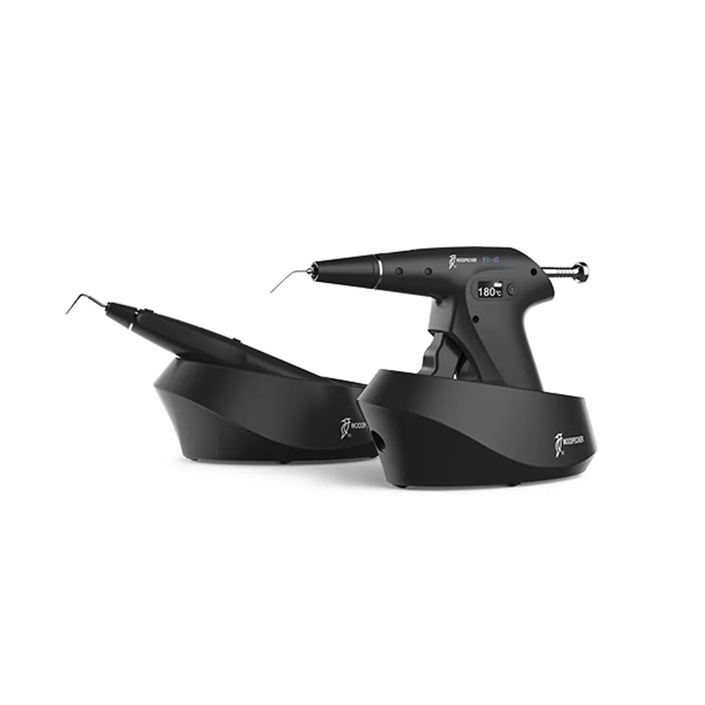 Woodpecker obturation gun and pen combo cordless black dental obturation devices with charging bases by Beetle Dental