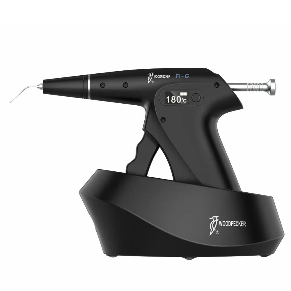 Woodpecker obturation gun and pen combo. Black ergonomic cordless obturation gun with 180C digital display and charging base