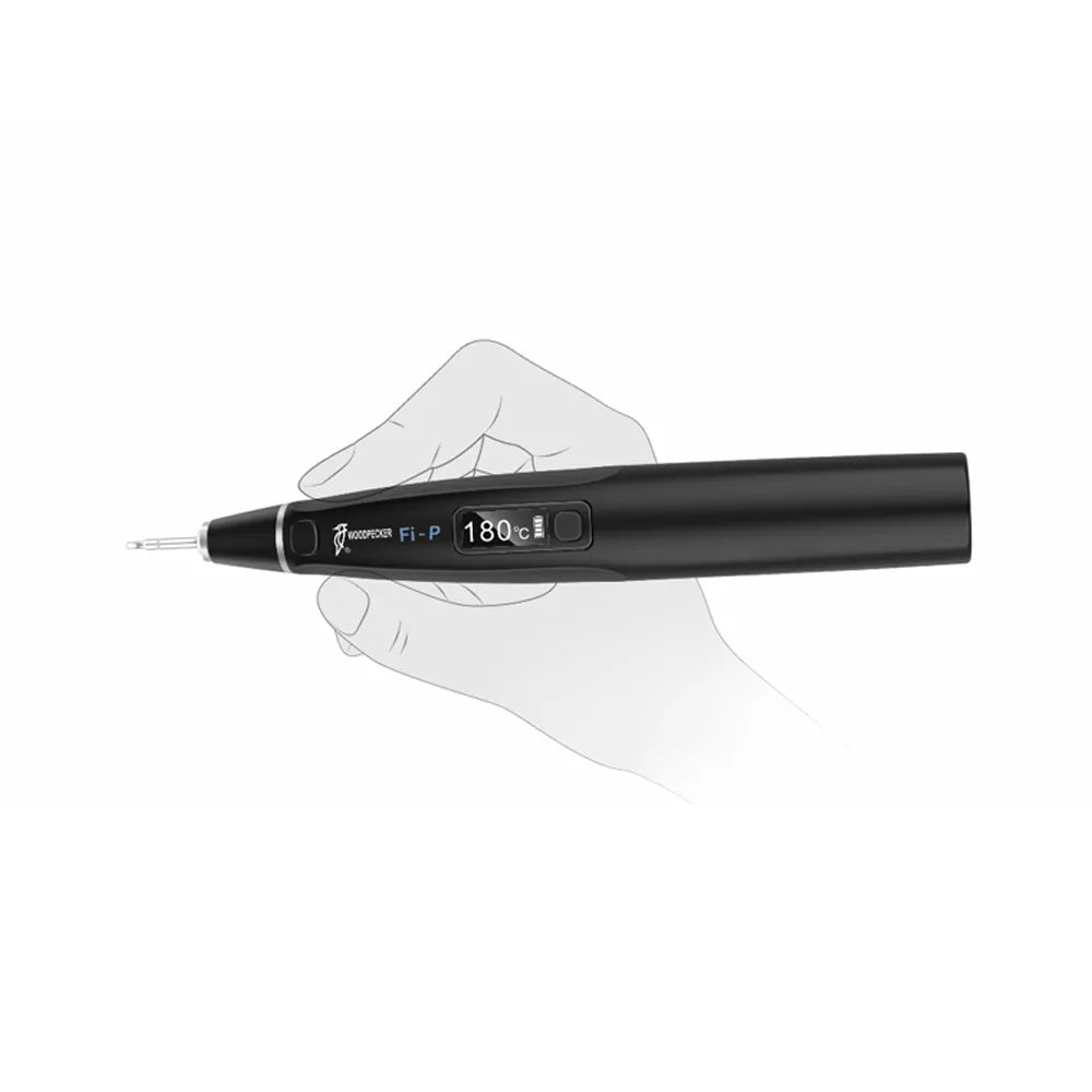 Woodpecker obturation gun and pen combo black ergonomic cordless pen with digital temperature display held in hand for endodontics