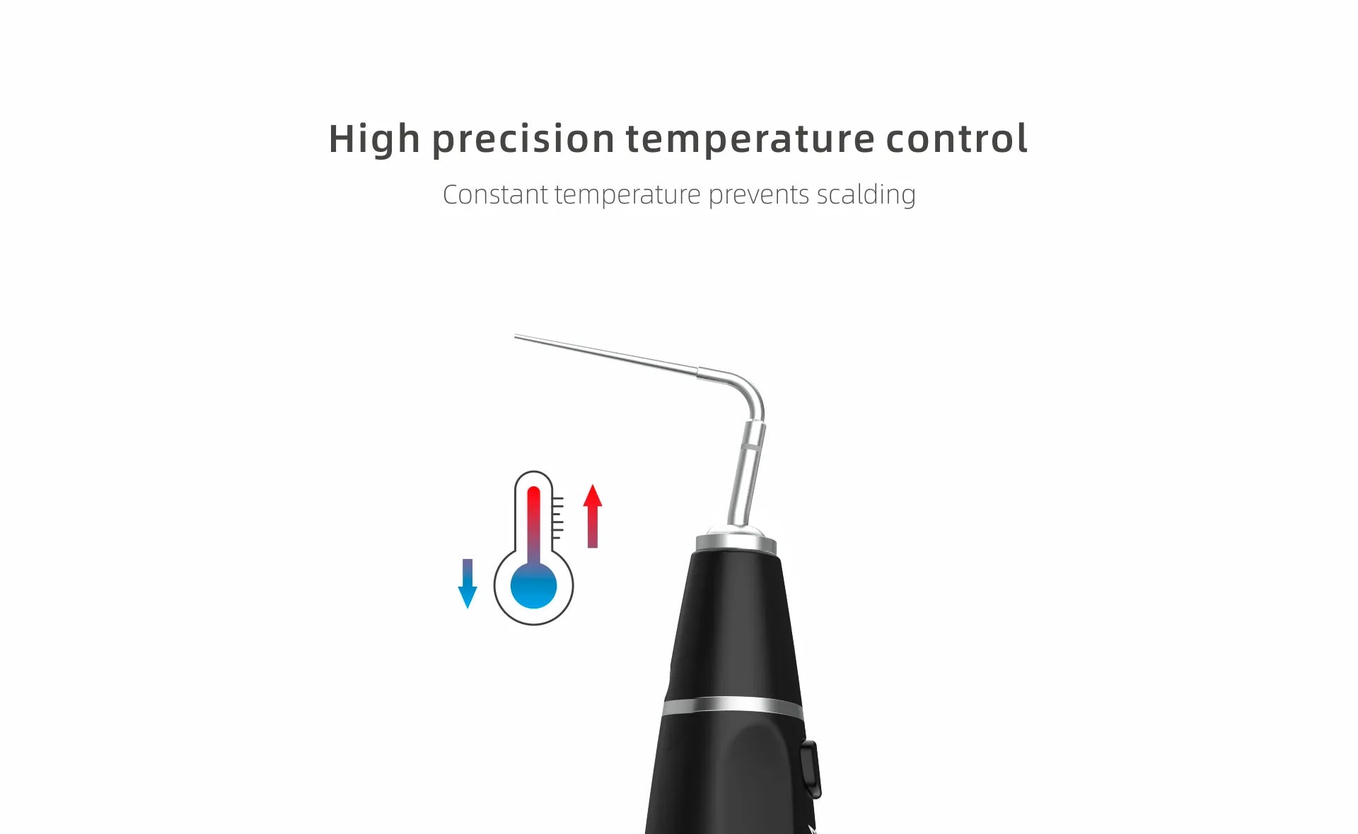 Woodpecker Obturation Pen for dentists. Black obturation pen with angled metal tip and temperature control icon