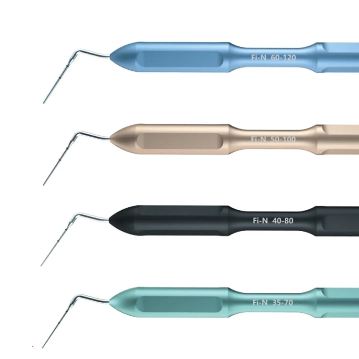Beetle Dental Woodpecker Plugger Fi-N set four colored endodontic pluggers with angled stainless tips for root canal filling