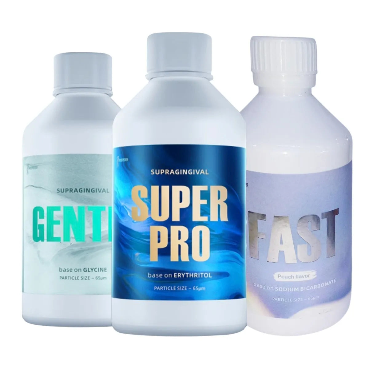 Woodpecker Prophylaxis Powder three bottle set Super Pro Gentle and Fast dental polishing powders