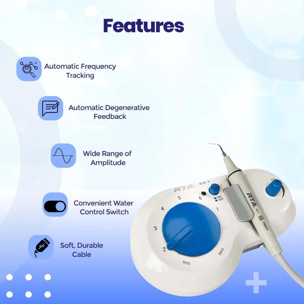 Beetle Dental Woodpecker RTA D1 ultrasonic scaler white unit with blue amplitude dial and handpiece