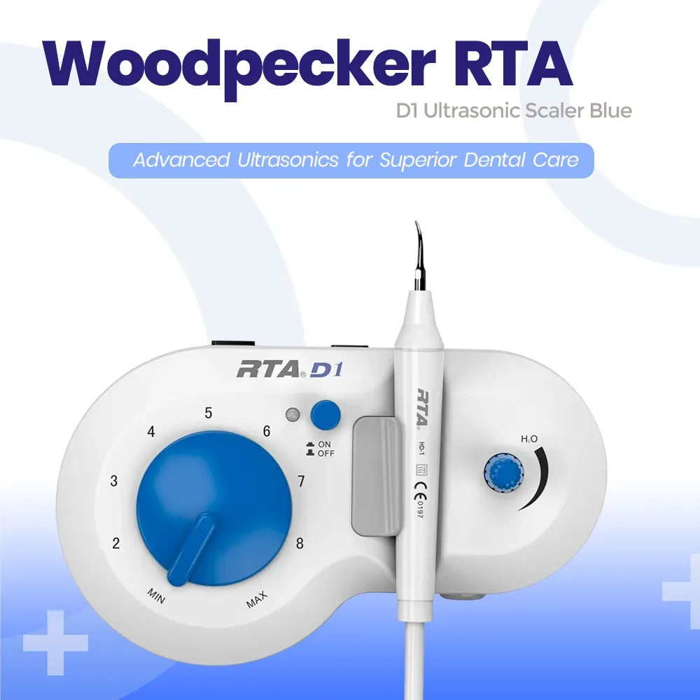 Woodpecker RTA D1 ultrasonic scaler blue and white control unit with handpiece and adjustable power dial for dental cleaning