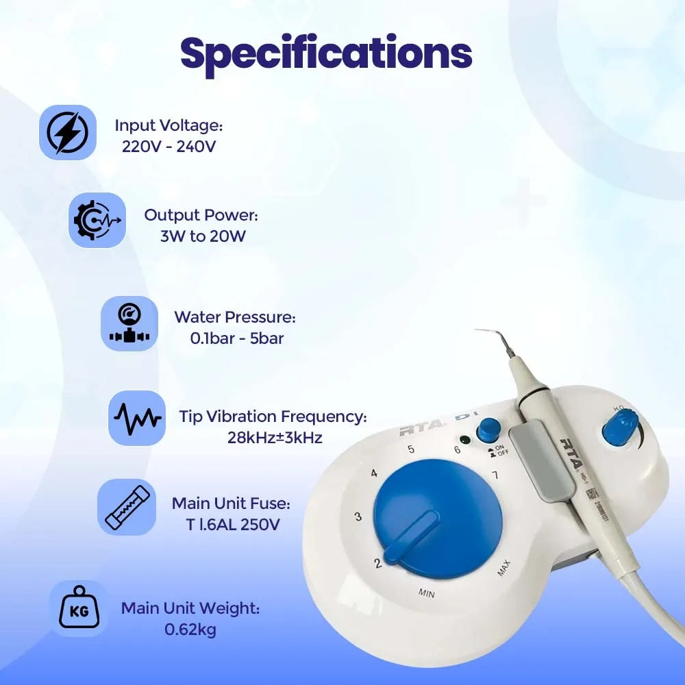 Woodpecker RTA D1 ultrasonic scaler unit and handpiece displayed with specifications list