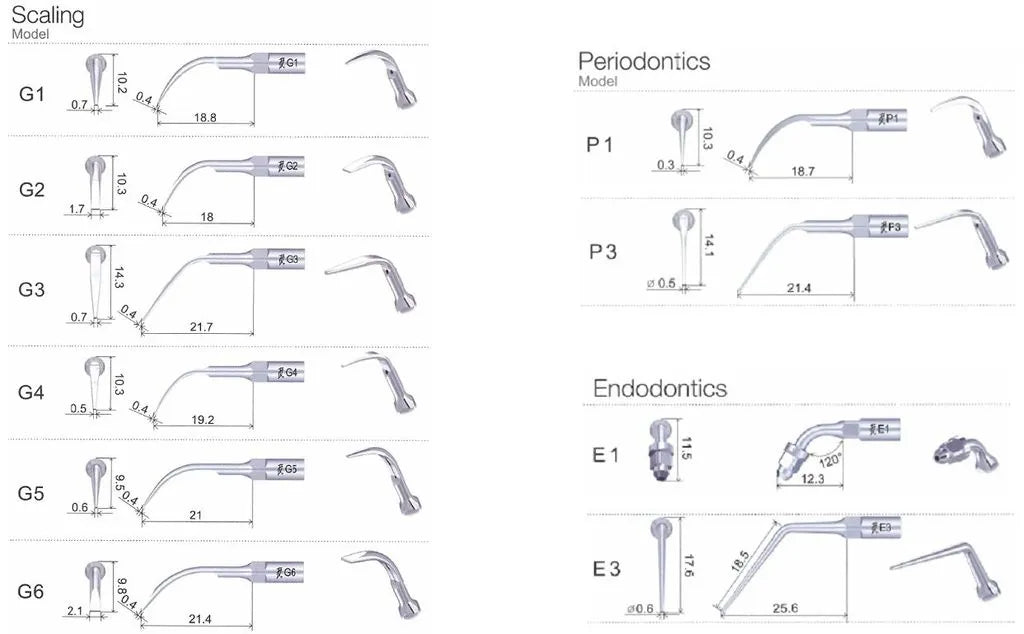 Beetle Dental diagram showing various scaler tip models and measurements including Woodpecker Scaler Tip P3