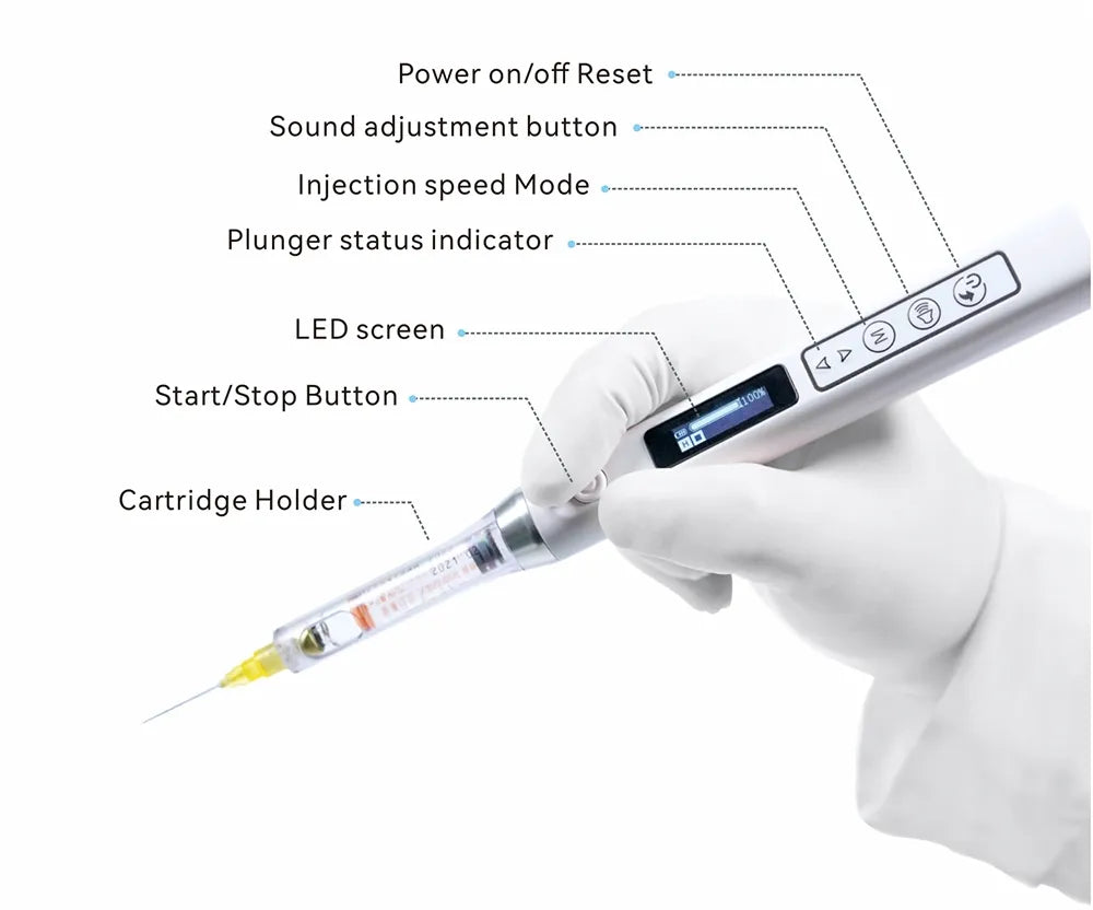 Gloved hand holding Woodpecker Star Pen dental injector showing LED screen cartridge holder and needle