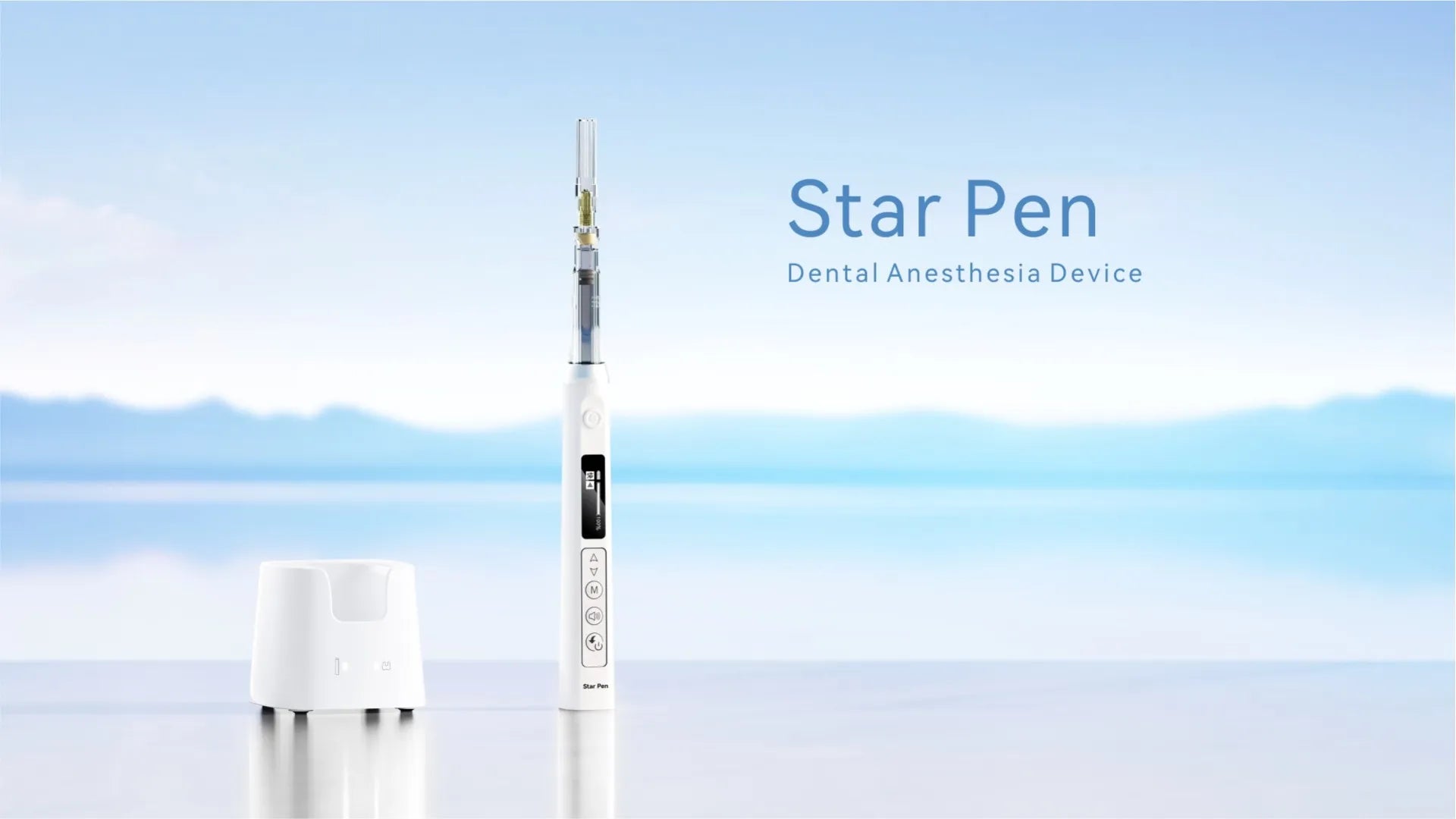 Beetle Dental Woodpecker Star Pen dental injector with charging base and needle attached