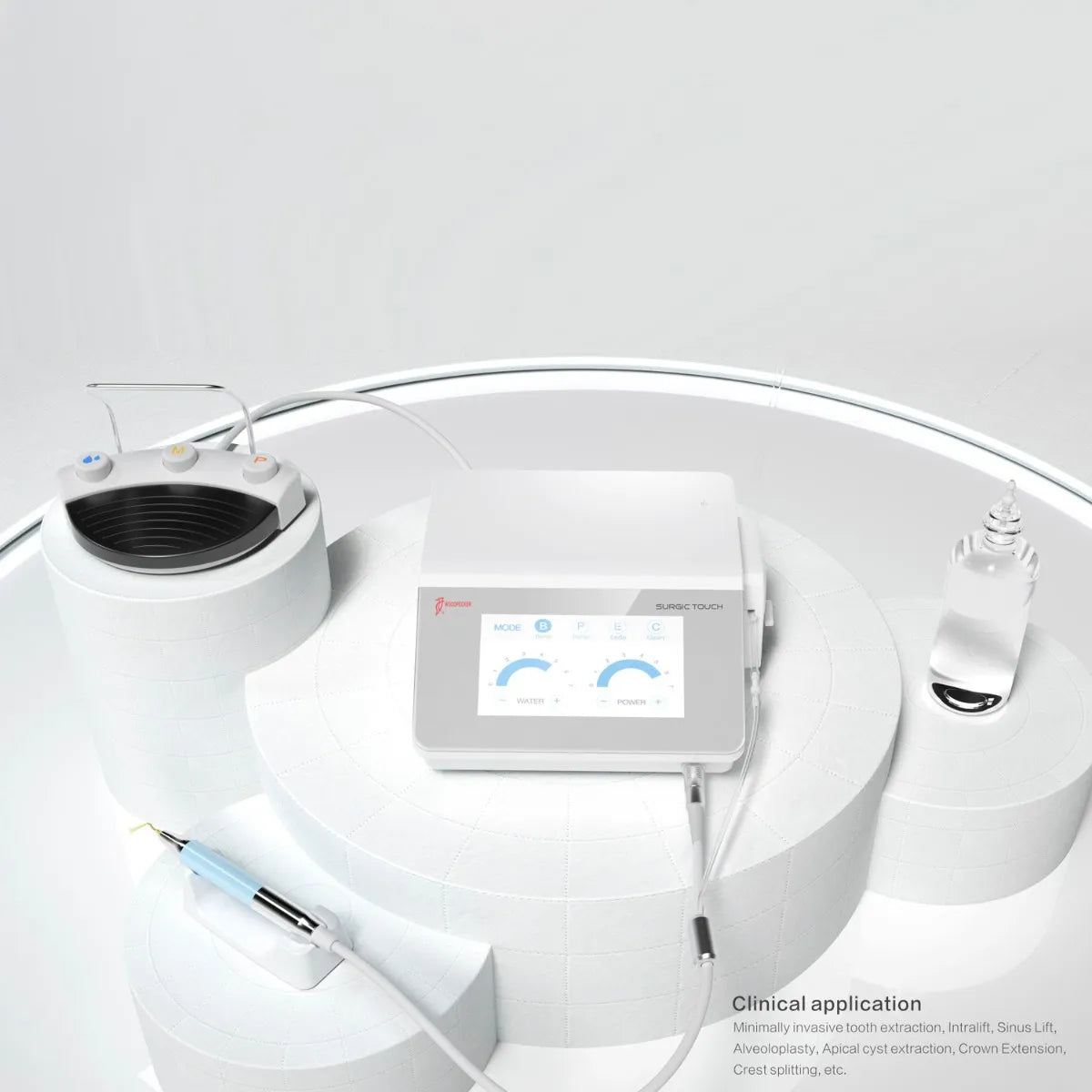 Woodpecker Surgic Touch piezosurgery unit with touchscreen console, handpiece, and irrigation bottle on white display