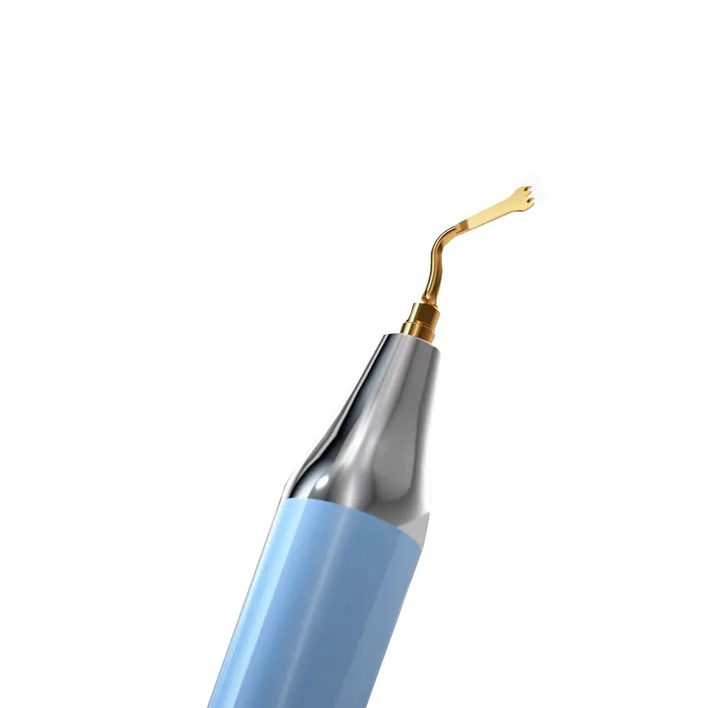 Blue ergonomic piezo handpiece with gold curved tip for precision bone cutting Woodpecker Surgic Touch piezosurgery unit.